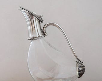 Jarra Art Nouveau con forma de pato · cristal y metal plateado · decantador de vino vintage
