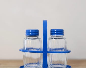 Vintage salt and pepper set with blue holder · glass and metal retro kitchen set