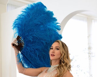 Large Turquoise Ostrich Feather Fan, Feather Fan For Burlesque Dance, Showgirl Costume, Boudoir Photoshoots & Halloween Accessories ZUCKER®