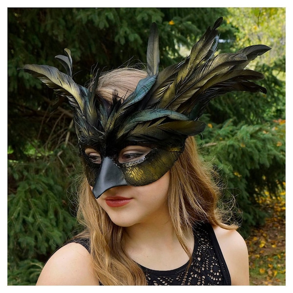 Black & Gold Raven Feather Costume Mask - Crow, Blackbird, Raven Costume, Masquerade Feather Mask for Men and Women ZUCKER®