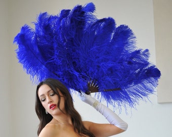 Large Royal Blue Ostrich Feather Fan, Feather Fan For Burlesque Dance, Showgirl Costume, Boudoir Photoshoots & Halloween Accessories ZUCKER®