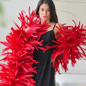 May include: A vibrant red feather boa draped over a black dress. The boa is full and fluffy, creating a dramatic contrast against the dark fabric. The dress has a high slit, adding a touch of elegance.
