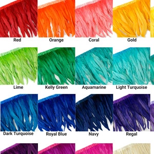 May include: A chart of 16 different colors of feather fringe trim. The colors are red, orange, coral, gold, bright yellow, lime, kelly green, aquamarine, light turquoise, seafoam, dark turquoise, royal blue, navy, regal, florescent lavender, purple, very berry, shocking pink, and beige.