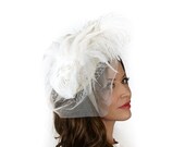 Vintage White Feather Fascinator with Tulle Veil - For Costume Parties, Halloween and Special Events ZUCKER Feather Place Originals
