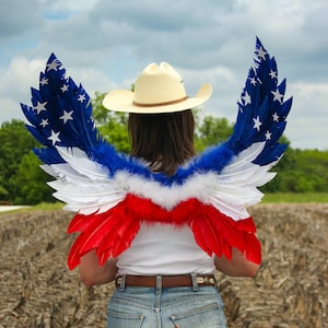 Red, White and Blue, Stars & Stripes American Flag, Patriotic Feather Angel Wings, 4th of July Fantasy Costume Feather Wings ZUCKER®