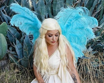 Turquoise Ostrich Feather Wings, Angel Fairy Costume Ostrich Feather Wings, Unique Premium Fantasy Costume Accessory & Cosplay Wings ZUCKER®