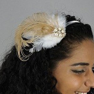 Beige & Ivory Feather Embellishment with Pearl and Rhinestone Accents For DIY Headbands, Boutonnieres and Corsages ZUCKER® image 1