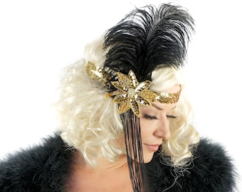Gold Flapper Feather Headband w/Tassel - Great Gatsby - Harlem Nights - Roaring 20's - Costume Feather Headband & Fashion Accessory ZUCKER®