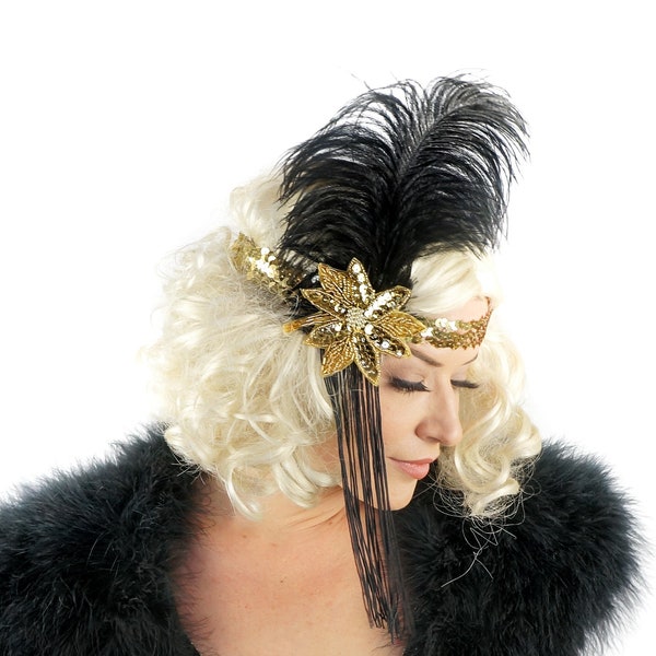 Gold Flapper Feather Headband w/Tassel - Great Gatsby - Harlem Nights - Roaring 20's - Costume Feather Headband & Fashion Accessory ZUCKER®