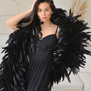 May include: A black feather boa worn over a black dress. The boa is dense and fluffy, with a subtle shine. The dress features a fitted bodice and a flowing skirt. The overall style is elegant and dramatic.