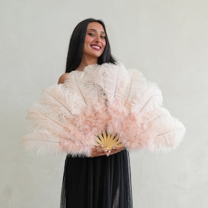 Pink Champagne Ostrich Fan with Marabou, Burlesque Feather Fan Dancing, Photoshoot Accessory, Showgirl Costume, Wedding Accessory ZUCKER®