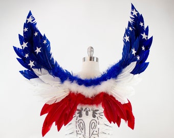 Red, White and Blue, Stars & Stripes American Flag, Patriotic Feather Angel Wings, 4th of July Fantasy Costume Feather Wings ZUCKER®