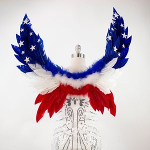 Red, White and Blue, Stars & Stripes American Flag, Patriotic Feather Angel Wings, 4th of July Fantasy Costume Feather Wings ZUCKER®