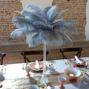 Ostrich Feather Centerpiece Set SILVER Ostrich feathers with CLEAR Eiffel Tower Vase - Feather Centerpiece, Wedding Reception Decor ZUCKER®