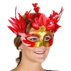 Queen Of Hearts Red and Gold Feather Mask - Halloween Mask, Cosplay, Masquerade Ball, Festivals, Parties and Special Events ZUCKER®