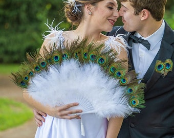 Peacock Feather Fan with White Marabou, Feather Fan for Special Events and Weddings, Great Gatsby, Roaring 20's Costume Party ZUCKER®