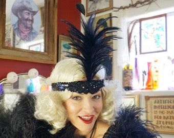 Black Flapper Headband w/Feather Spray - Great Gatsby - Harlem Nights - Roaring 20's - Costume Feather Headband & Fashion Accessory ZUCKER®