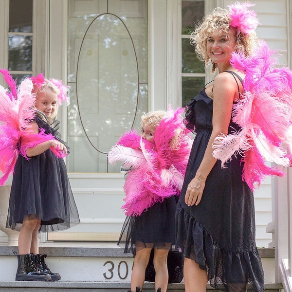 Mommy and Me Pink Flamingo Feather Costume Wings made with upcycled Ostrich Feathers, Pink Costume Feather Wings ZUCKER® Original Designs