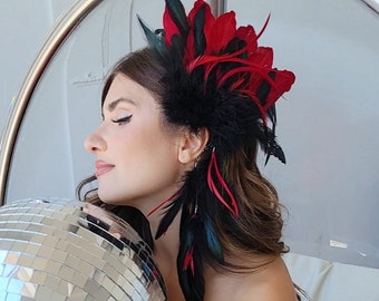Black and Red Feather Ear Cuff for Festivals, Cosplay, Halloween, Photography and Carnival