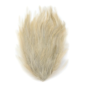 May include: A bunch of soft, light beige feathers with a slightly gray tint. The feathers are arranged in a fan shape, with the tips of the feathers pointing outwards.