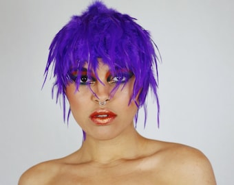 Purple Feather Wig, Dyed Rooster Hackle Wig, Costume Feather Wig for Bachelorette, Halloween, Carnival, Photography Props, Costume ZUCKER®