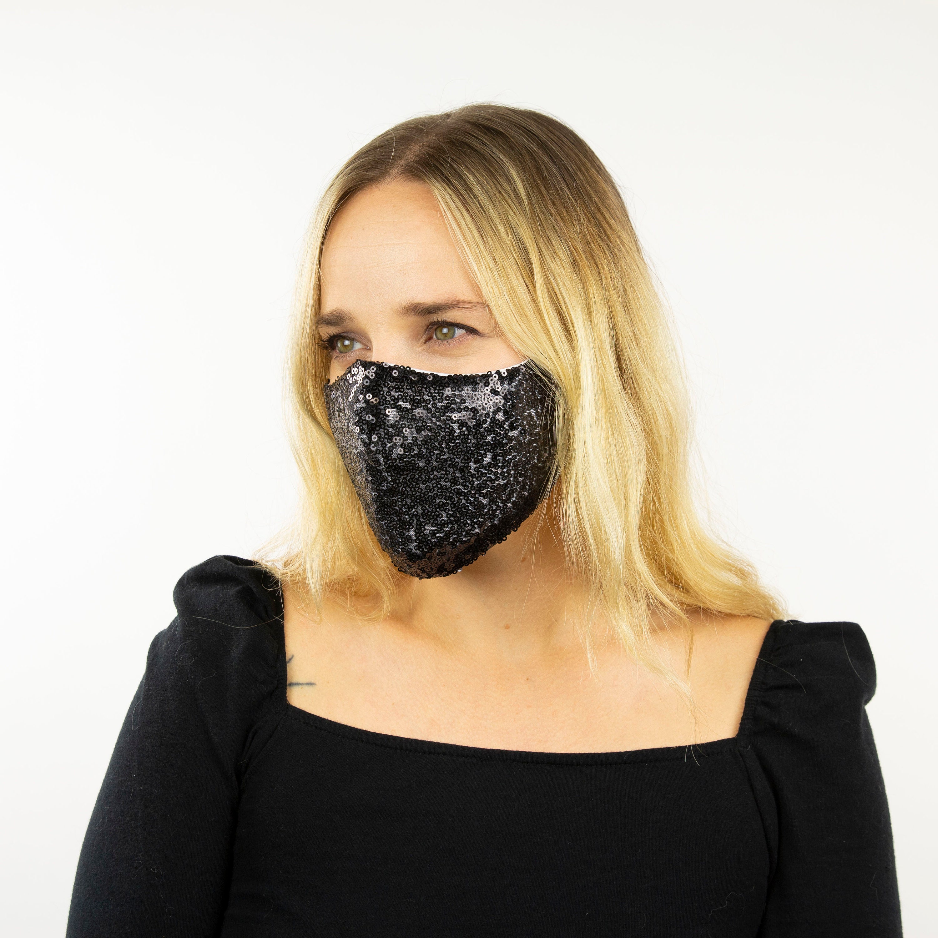 Fitted Face Mask, Black Sequin Reusable Face Mask, Washable, Halloween