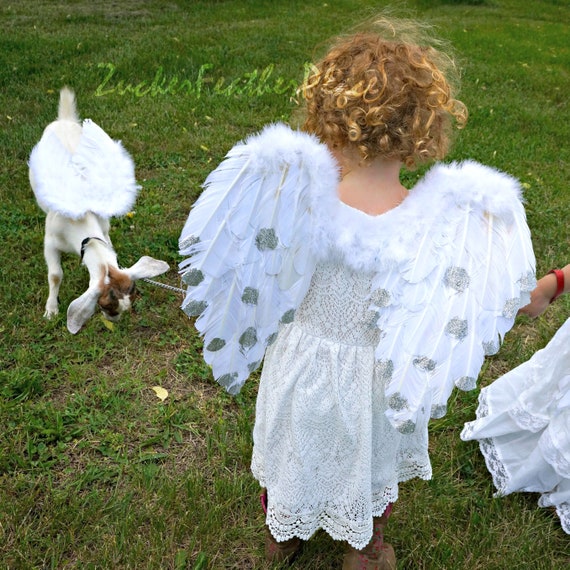 christmas angel fancy dress costume White Wings with Silver Glitter Tips, Glittering Angel Wings For Halloween Costume & Pageant ZUCKER angel costume long dress