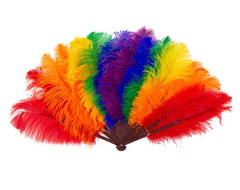 Double Rainbow Feather Fan, Ostrich Feather Fan, PRIDE Feather Fan For Stage, Photo Booths, Costume Parties, Carnival & Pride Events ZUCKER®