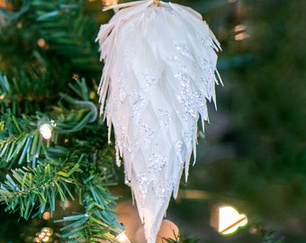 White Decorative Pine Cone Feather Ornament w/Silver Glitter - Christmas Decor, Unique Holiday Decorative feather Ornaments ZUCKER®