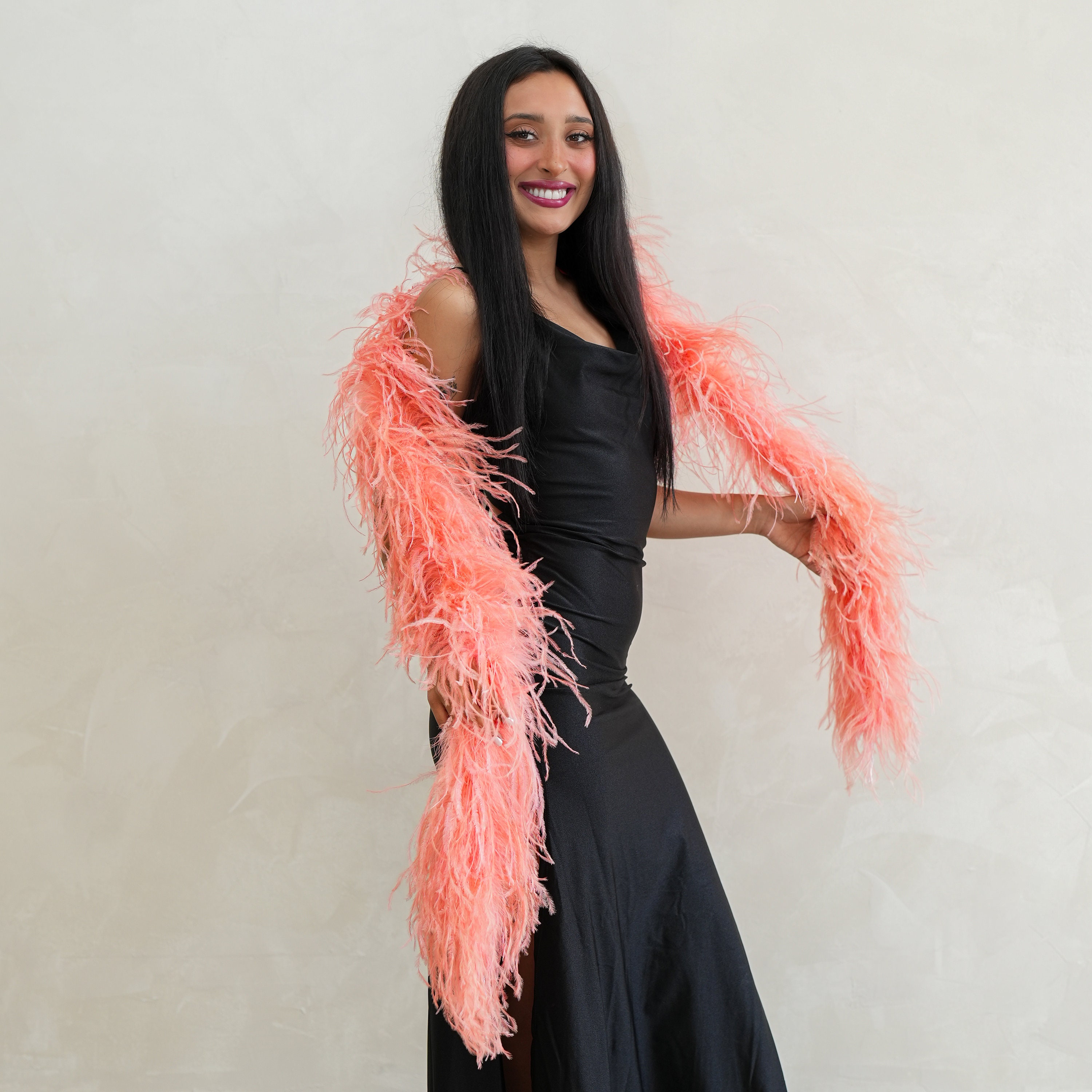 Feather marabou boa pink black white long Pinup fur doll girls costume dress up Pink Long Marabou Fur Edge Robe with Slip Dress main image 2