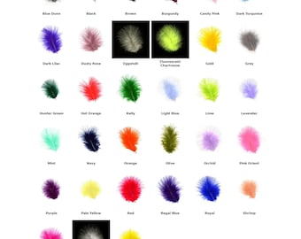 May include: A collection of colorful feathers in various shades, including blue, black, brown, and pink. Each feather is labeled with its color name, such as "Blue Dunn," "Black," and "Burgundy." The feathers are arranged on a white background.