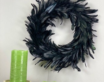 Decorative Black Feather Wreath, Halloween & Fall Thanksgiving Decor, Unique Holiday Decorative Feather Wreath, Special Events Decor ZUCKER®