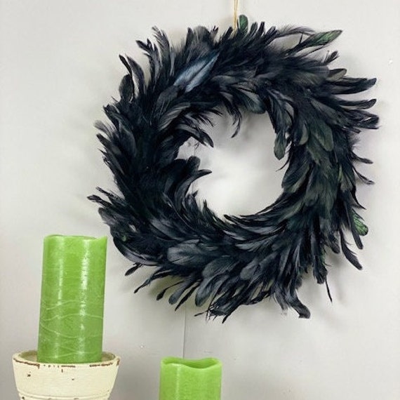 Decorative Black Feather Wreath, Halloween & Fall Thanksgiving Decor, Unique Holiday Decorative Feather Wreath, Special Events Decor ZUCKER®
