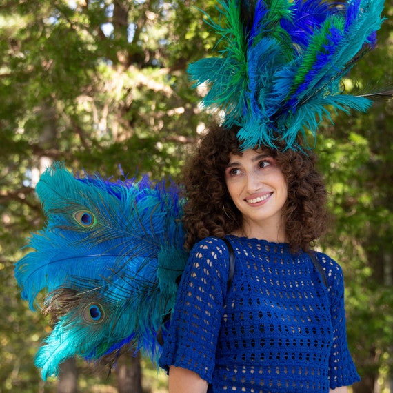 Peacock 3 in 1 Upcycled Feather Costume Wings / Fascinator / Bustle, Peacock Costume Feather Wings ZUCKER® Original Designs