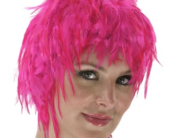 Pink Feather Wig, Dyed Rooster Hackle Wig, Costume Feather Wig for Bachelorette, Halloween, Carnival, Photography Props, Costume ZUCKER®