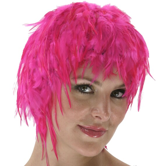 Pink Feather Wig, Dyed Rooster Hackle Wig, Costume Feather Wig for