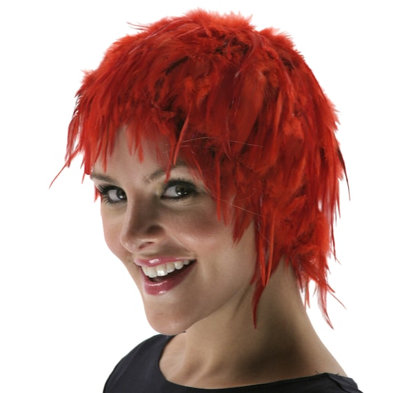 Red Feather Wig, Dyed Rooster Hackle Wig, Costume Feather Wig for