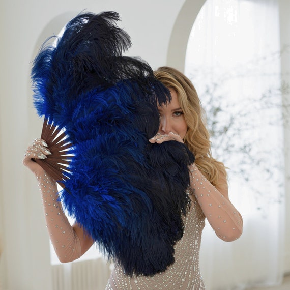 Royal Blue Ostrich Floss Feather Fan for Burlesque Fan Dance, Showgirl Costume, Boudoir Photoshoots & Halloween Accessories Zucker