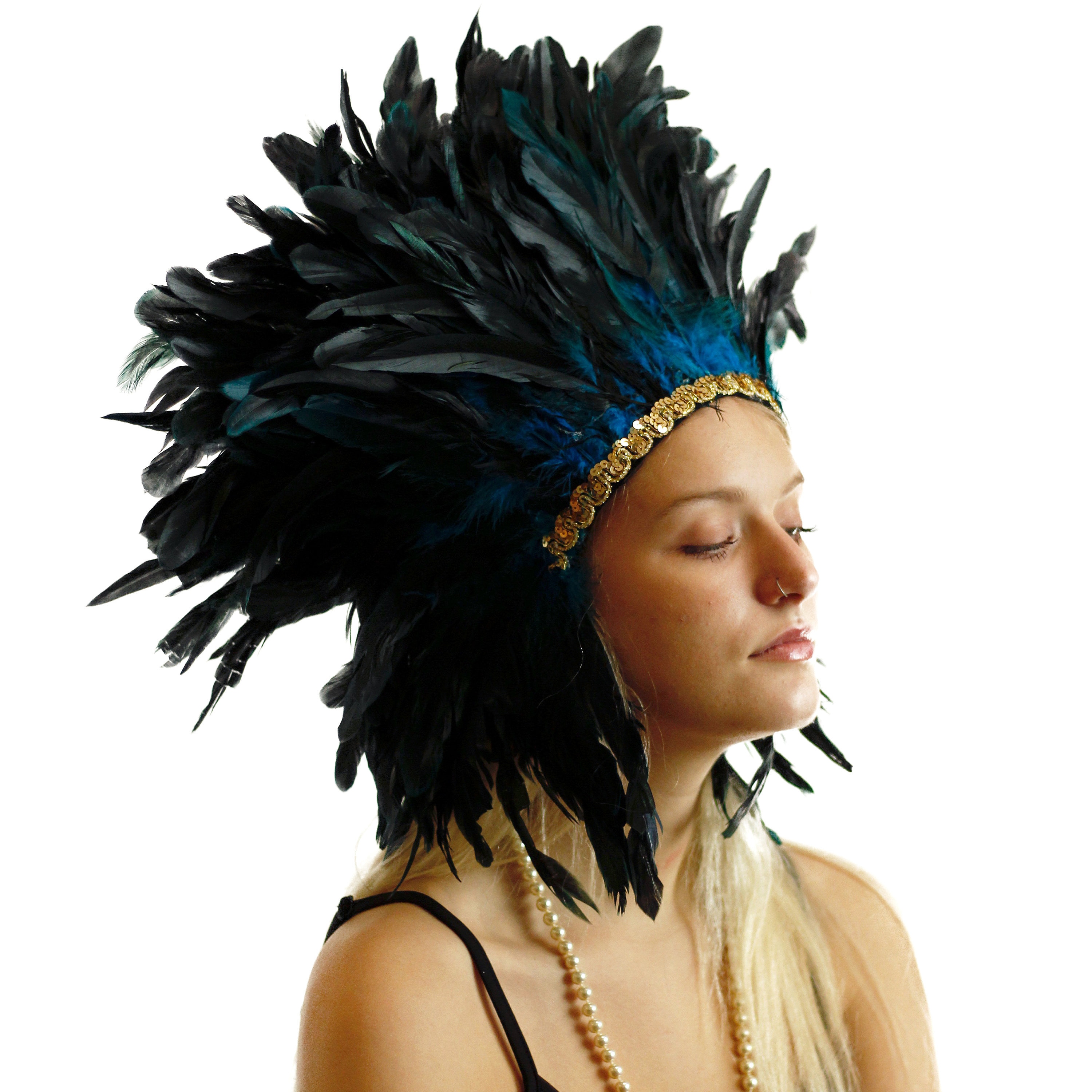 Turquoise Feather Headdress with Gold Sequin Details, Spirit Feather
