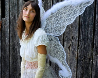 Large White Wings, Marabou and Lace Angel Costume Wings, Large Adult Costume Wings, White Lace Butterfly Costume Wings for Halloween ZUCKER®