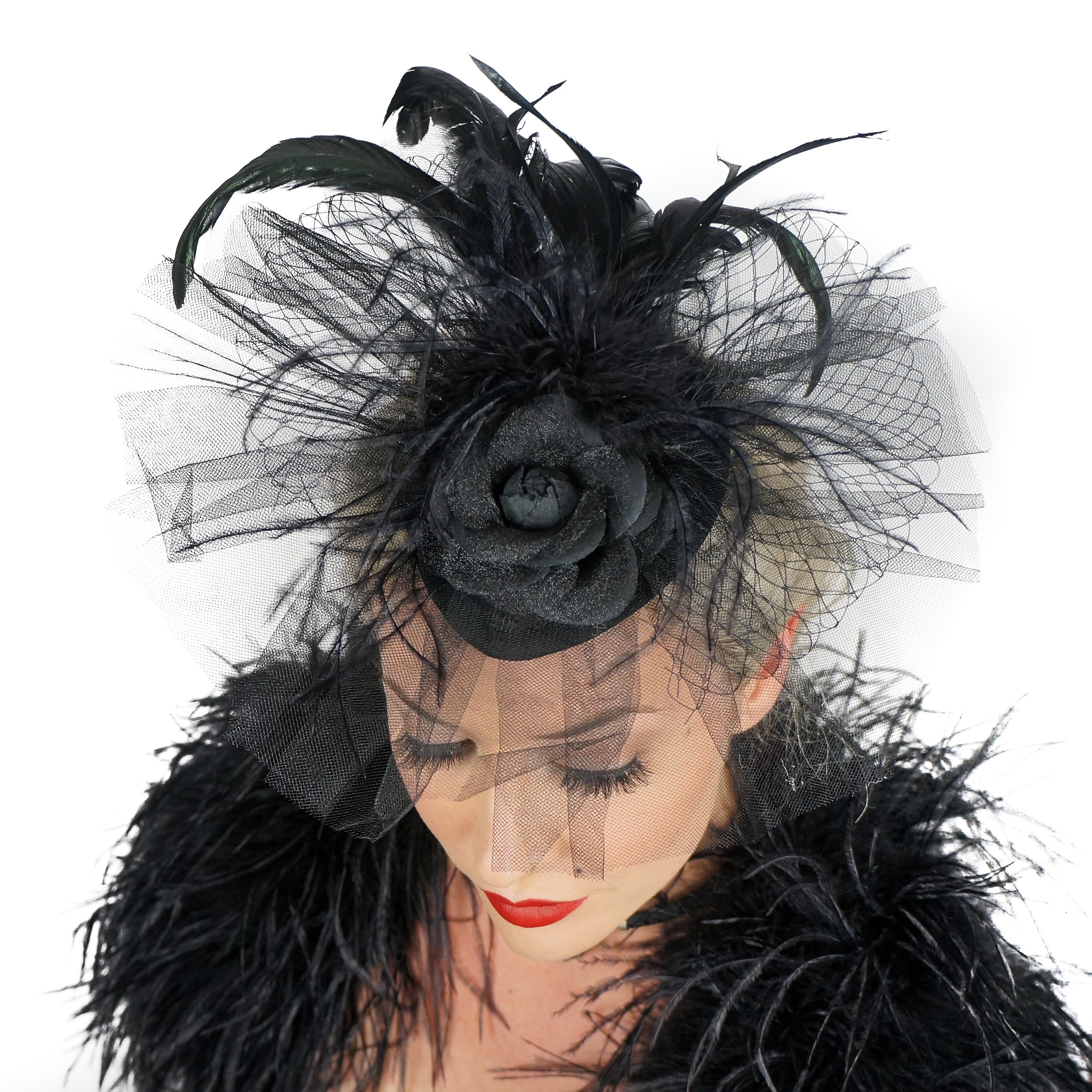Black Feather Vintage Style Fascinator with Tulle Veil For Costume