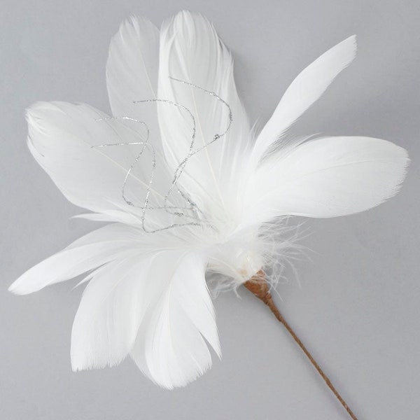 White Feather Flower with Silver Accent - Decorative Feather Flower Stem for Event and Home Decor ZUCKER®