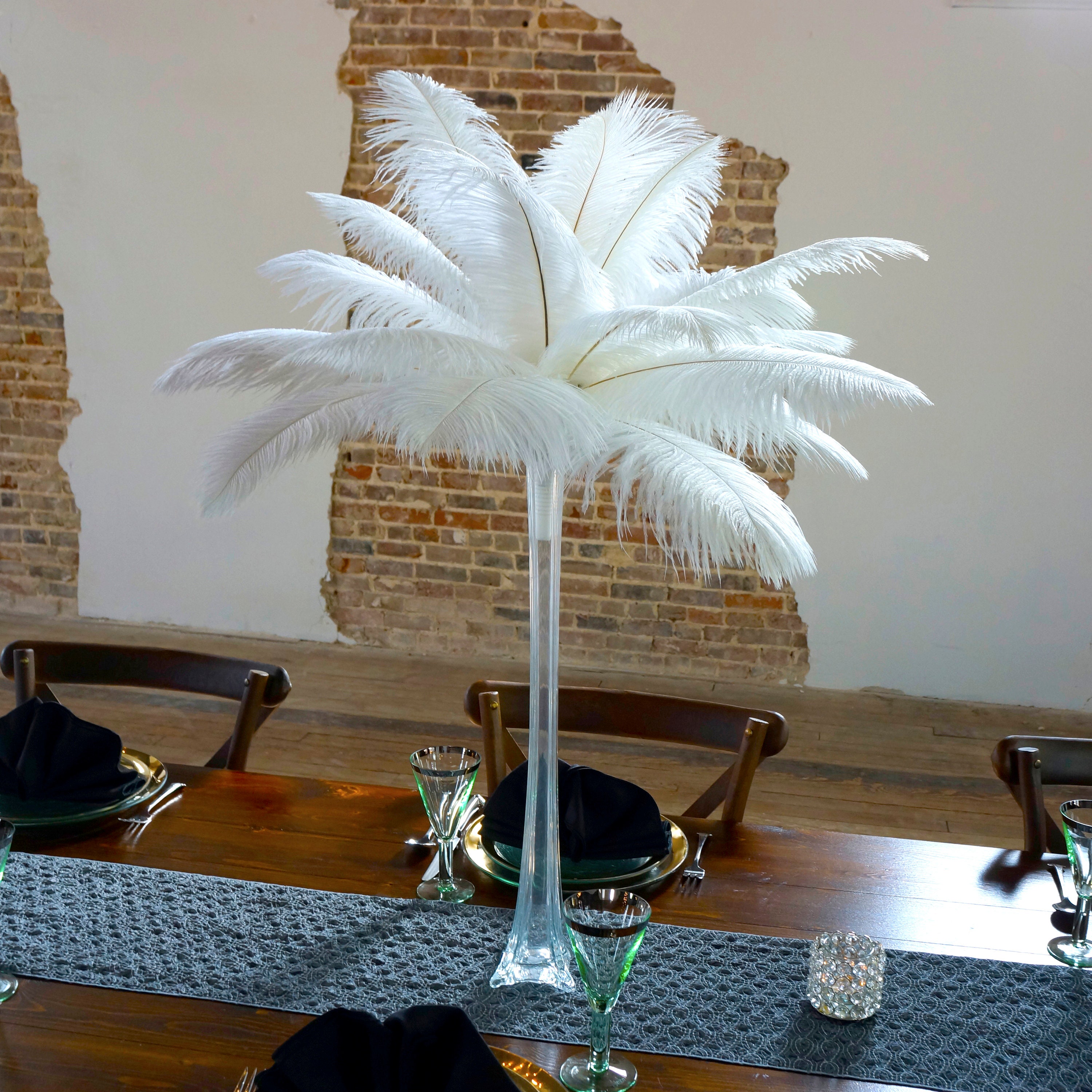 Elegant Feather Centerpiece on White Eiffel Vase