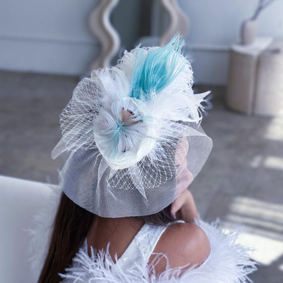 White and Mint Vintage Inspired Feather Fascinator With  display picture 2