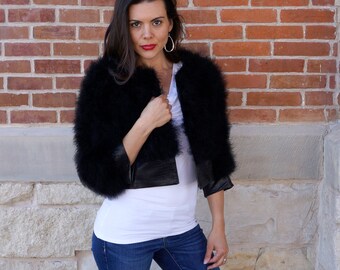 Marabou Feather Jacket with Faux Leather Detail BLACK Small/Medium - Elegant Warm Winter Jacket, New Years Eve ZUCKER® Original Designs