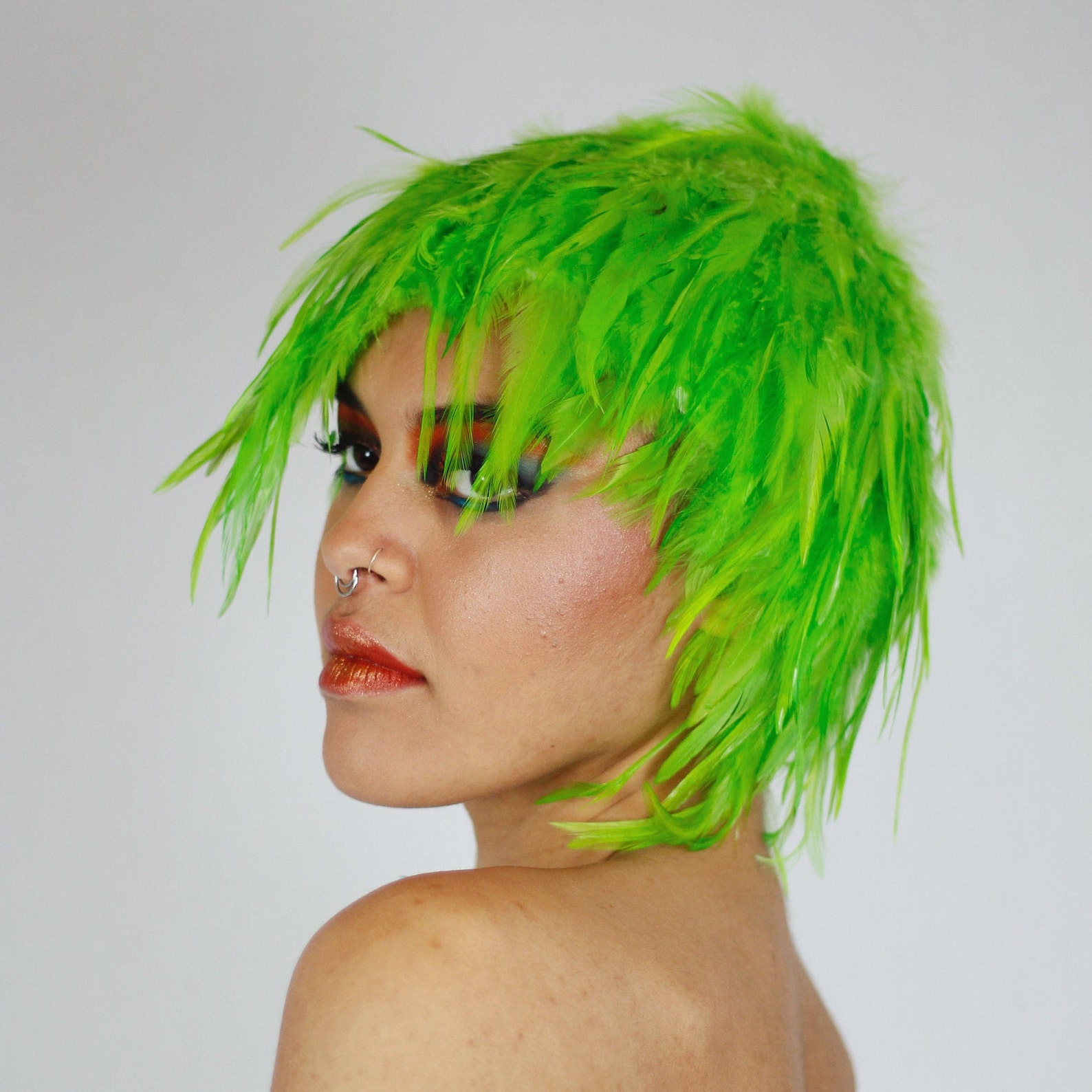Lime Green Feather Wig Dyed Rooster Hackle Wig Costume Etsy