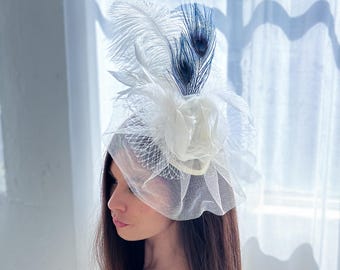 Memsahib Vintage-Inspired Feathered Mini Top Hat with Veil Kentucky Derby Kentucky Derby Mini Top Hat, Brown Horse Fascinator, MADE to  main image 2