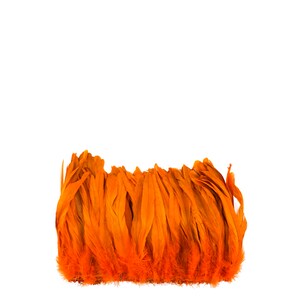 May include: A bunch of orange feathers, arranged in a row, against a white background.