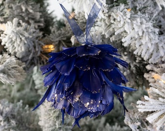Navy Blue Feather Ornament with Glitter Accents for Christmas Tree, Special Events, Gift Wrapping, Navy Blue Christmas Decoration ZUCKER®