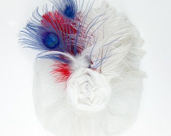 Americana Peacock & Ostrich Feather Fascinator, Vintage Tulle Bow Hair Clip, 4th of July Celebration Headpiece